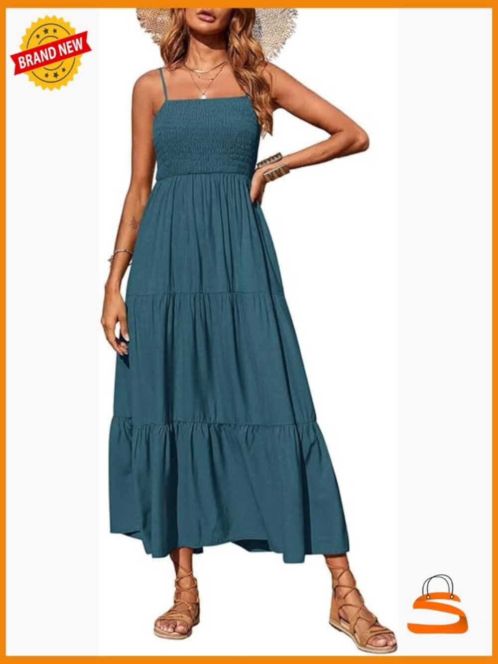 Women's Boho Maxi Dress Spaghetti Strap Smocked Tiered Beach Sundress